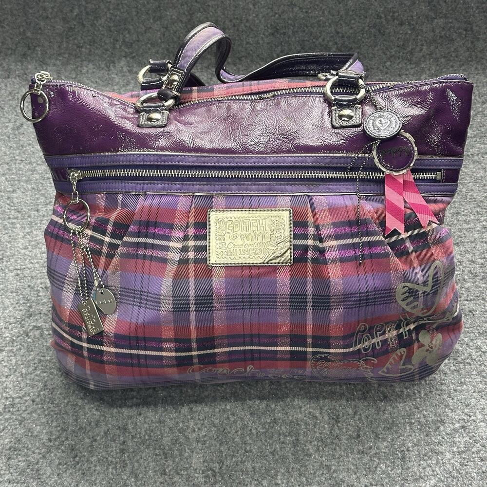 Coach F1082-15886 Vtg Poppy Canvas Purple Plaid Graffiti Print Tote/Shoulder Bag